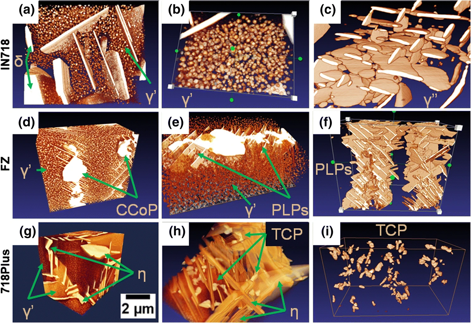 3D visualization of selected areas of base materials and fusion zone after isothermal hold at 760 °C for 500 h: (a-c) IN718 base material, (d-f) fusion zone, (g-i) 718Plus base material; (CCoP-complex clusters of precipitates, PLPs-plate-like precipitates)