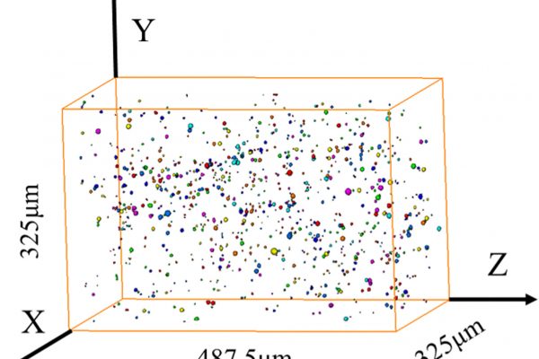 Three-dimensional morphology and distribution of TixOy inclusions in a space of 325 μm × 325 μm × 487.5 μm (1000 pixel × 1000 pixel × 1500 pixel)