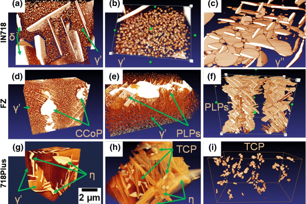 3D visualization of selected areas of base materials and fusion zone after isothermal hold at 760 °C for 500 h: (a-c) IN718 base material, (d-f) fusion zone, (g-i) 718Plus base material; (CCoP-complex clusters of precipitates, PLPs-plate-like precipitates)
