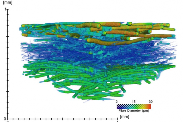 MicroCT-based 3D rendering of the surgical mask [small volume – with patch]. The colors represent the fiber thickness distribution.